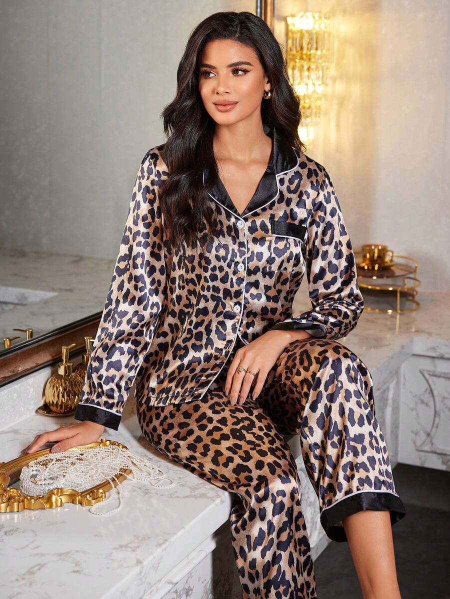 有领仿丝豹纹撞色睡衣套装（长袖上衣和裤子）