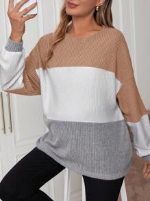 SHEIN Maternity Casual Color Block Loose Drop Shoulder Long Sleeve T-Shirt, Spring & Autumn - Khaki - View 3