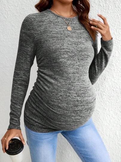 SHEIN Maternity Spring & Autumn Casual Ruched Slim Fit Long Sleeve T-Shirt