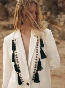 Maija Women's Fall Patchwork Fringe Trim Lapel Long Sleeve Elegant Blazer Jacket