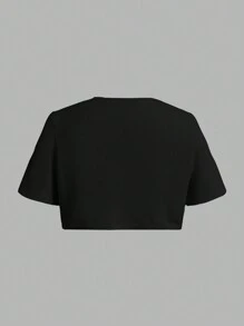 SHEIN EZwear 大码女式短袖白色开衫 - 黑色 - 查看 3