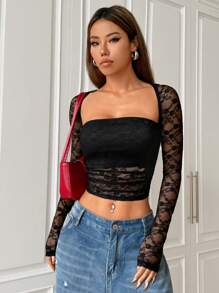 SHEIN EZwear 女士纯色黑色蕾丝拼布方领长袖休闲上衣 - 黑色 - 查看 4