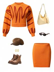 Tween Girl Line 印花圆领长袖毛衣和针织 A 字裙休闲套装，秋冬装 - 橘色 - 查看 1