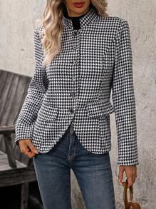 EMERY ROSE Women's Houndstooth Long Sleeve Button Up Jacket - Black - View 3