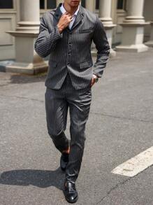 Manfinity Mode Men's Striped Jacket And Trousers Suit Set - Dark Grey - View 1