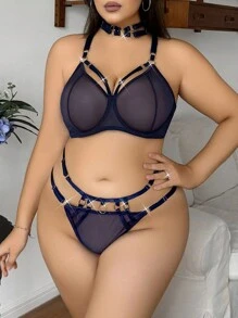 3 piezas Set de lencería sexy clásica de talla grande para mujer - Azul Marino - Ver 5