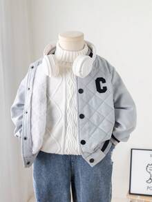 SHEIN 1 chiếc áo khoác bomber kẻ sọc chần bông lót nhiệt cho bé trai, thích hợp cho ngày tựu trường, sinh nhật, tiệc chào đón em bé, tiệc em bé, phù hợp cho mùa thu/đông - Xám - Xem 4