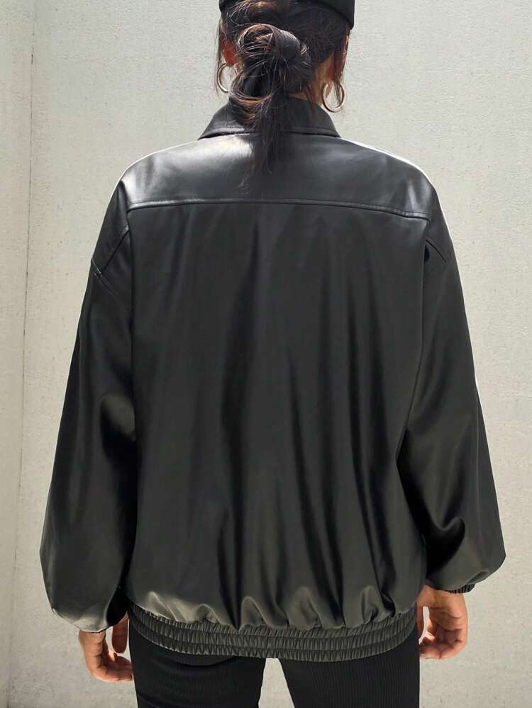 Women Loose Long Sleeve PU Collar Patchwork Ribbon Jacket,Fall Women Clothes