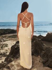 Opulessa White Dresses For Women Women Solid Color Knit Plunge Neck Elegant Backless Dress With Tailored Flowers, Suitable For Holiday, Street Wear And Date Sexy Party Prom Semi Formal Dress Dinner Outfit Fall Winter Clothing - Apricot - View 6