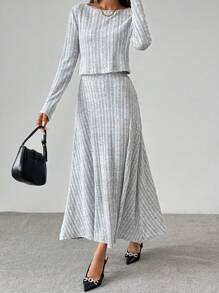 Chiquease 2pcs Women's Solid Color Crew Neck Long Sleeve Top And Skirt Set - Grey - View 1