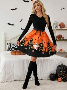 SHEIN Essnce Women's V-Neck Waist-Tie Shell-Trim Halloween Print Long Sleeve Mini Dress  Autumn Cute Cartoon Print Patchwork Waist Long Sleeve Dress For Halloween,Black