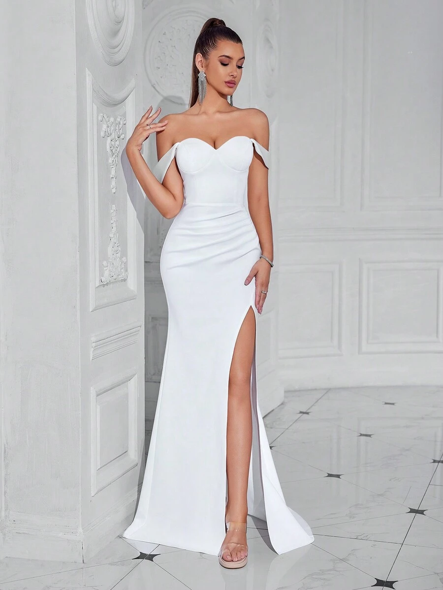 Elisanya Sweetheart Off-Shoulder Elegant Corset Bodycon Long Prom Dress With High Slit For Cocktail Party, Ball And Homecoming White Semi Formal Wedding Guest Dress, For Birthday, Graduation, Dinner