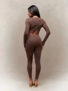 MISSGUIDED 平纹针织圆领长袖上衣和紧身裤两件套 - 棕色 - 查看 2