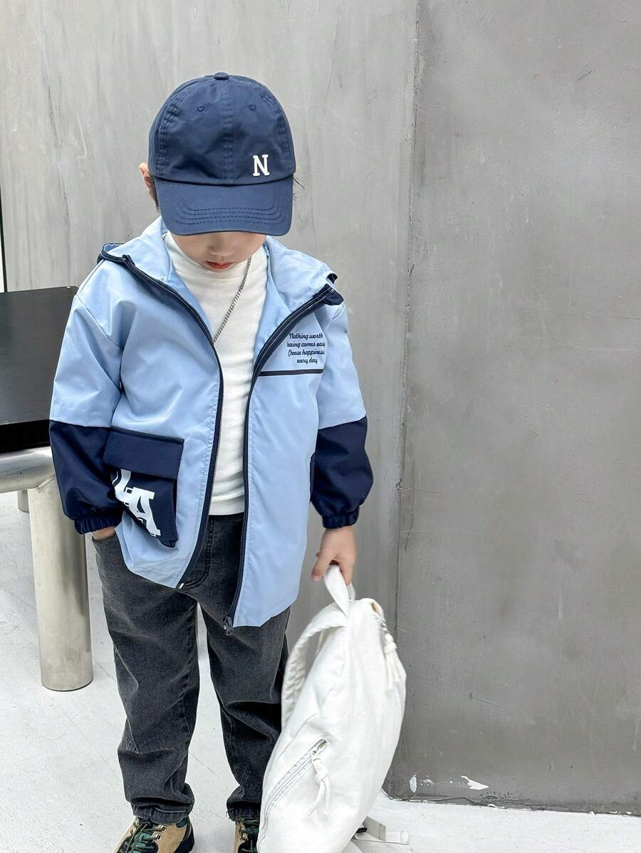 SHEIN 1 件带口袋的年轻男孩休闲连帽夹克，舒适、实用、百搭，适合秋冬季日常穿着、上学、旅行、户外活动 - 藍色 - 查看 1