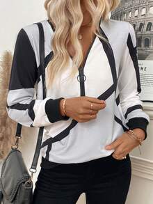 SHEIN LUNE Áo nỉ sọc caro nhiều màu thời trang đi làm thường ngày cho nữ có khóa kéo nửa thân - Nhiều màu - Xem 3