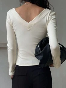 DAZY Camiseta de mujer de cuello en V de unicolor con forro térmico, casual y versátil para otoño e invierno