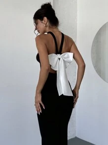 Firerie Đầm nơ thắt lưng tương phản hở lưng màu lãng mạn thanh lịch cho nữ Phong cách gợi cảm và thanh lịch, Đầm nơ, Đầm bó sát màu đen cho các bữa tiệc, ngày lễ, Đầm hở lưng hình cánh bướm, Đầm trở lại trường, Trang phục sinh nhật và hẹn hò lãng mạn cho phụ nữ Quần áo cổ điển Váy giáo viên, Đầm yếm không tay nơ thanh lịch cho nữ Ôm vừa vặn dài màu đen và trắng, Đầm dài hai dây trơn cho nữ, Trang phục mùa xuân/hè, tiệc tùng/hộp đêm - Đen và trắng - Xem 7