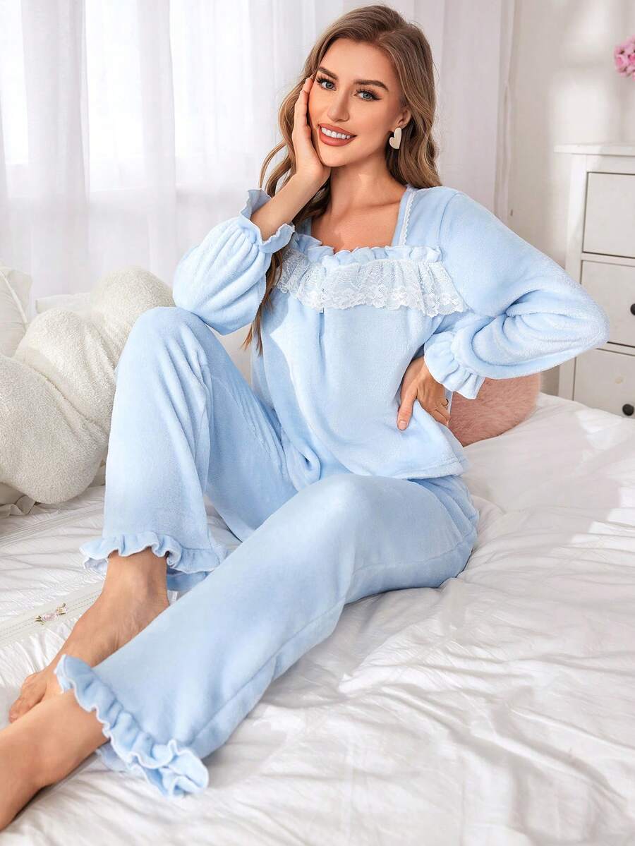 Fluffy Collared Cute Lace Women Pajamas Set - Multicolor - View 1