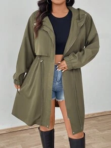 Flirla Áo khoác dài tay đơn giản màu trơn cỡ lớn cho nữ - xanh quân đội - Xem 6