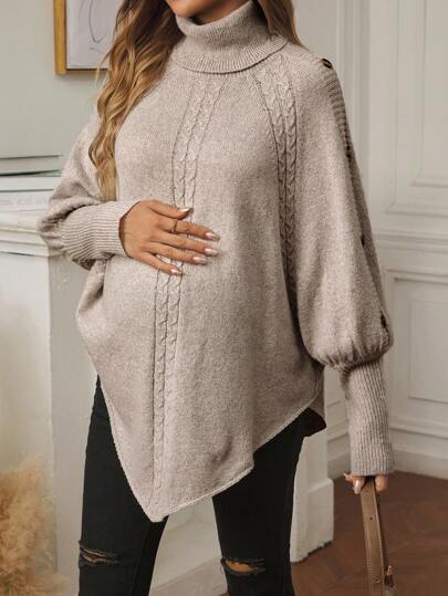 SHEIN Maternity Autumn/Winter Casual Solid Color Asymmetrical Hem Turtleneck Sweater