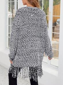 EMERY ROSE Woman Long Sleeve Floral Cardigan With Fringe Hem - Black and White - View 2