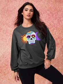 Cecilia Maafs Artist Day Of The Dead Women's Casual Simple Skull Printed Round Neck Loose Fit Sweatshirt For Holiday, Vacation, Spring, Festival, For Workout, Ibiza Fits, Western Wear