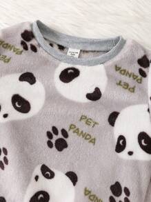 SHEIN 2 件套可爱熊猫图案长袖衬衫和裤子羊毛睡衣套装，适合男孩，秋冬季 - 彩色 - 查看 4