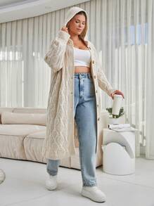 EURMUSE Plus Size Casual Hooded Cable Knit Cardigan - Beige - View 4