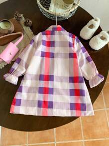 SHEIN 1 件年轻女孩休闲通勤格纹保暖内衬长袖风衣，配有 PU 腰包，适合秋季日常穿着