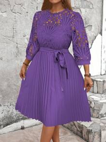 Cravure Plus Size Women Contrast Lace 3/4 Sleeve Elegant Ruffle Hem Dress Wedding
