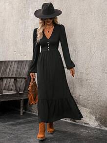 EMERY ROSE Đầm suông tay đèn lồng cổ chữ V màu trơn thanh lịch cho nữ, Xuân/Hè - màu đen - Xem 6