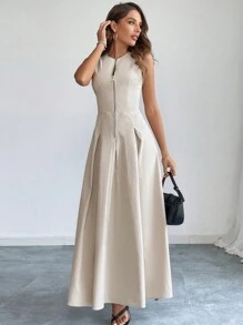 Firerie Vestido de mujer elegante con cuello redondo, sin mangas, con cremallera delantera y vuelo