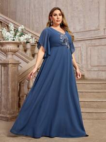 SHEIN Belle Women's Elegant Tile Blue Chiffon Fabric Overlap V-Neck 3D Applique Decoration Waist Asymmetric Ruffle Sleeves A-Line Dress Suitable For Wedding Events Formal Plus Size Bridesmaid Dresses - Blue - View 3