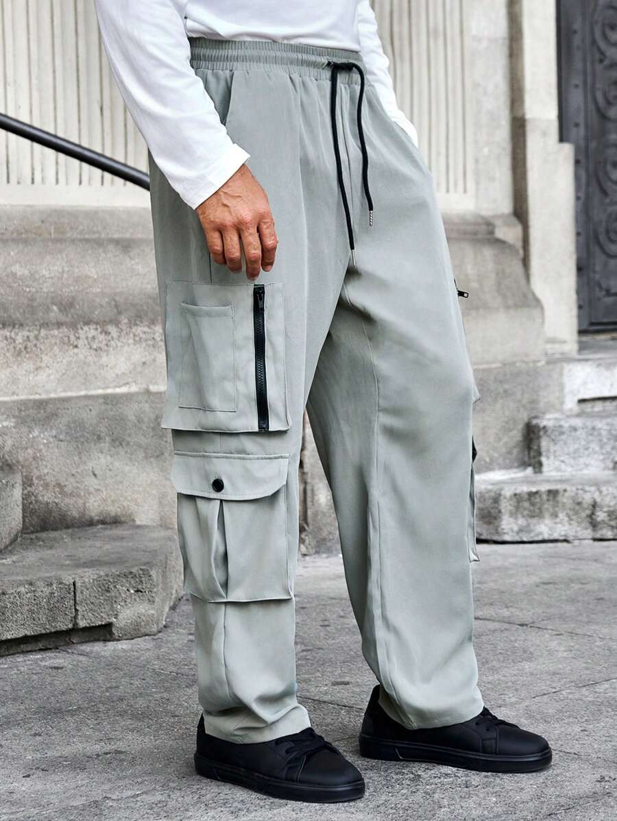 Manfinity Homme Men's Drawstring Waist Cargo Pockets Straight Loose Casual Pants - Green - View 1