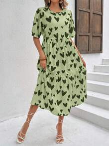 Breezaya Heart Print Loose Crew Neck Short Sleeve Casual Dress