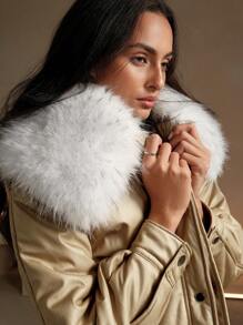 Anewsta Women's Winter Short Stand Collar Detachable Faux Fox Fur Casual Gold-Colored Padded Coat