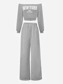 SHEIN Explorewe 2 件套青少年女孩休闲街头风露肩运动衫和运动裤套装 - 灰色 - 查看 9