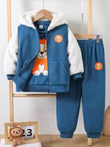 Buy 2 Get 1 Free 3pcs/Set Young Boys Casual Collegiate Comfortable And Fashionable Simple Practical Versatile Tiger Graphic Fleece Hooded Vest, Crew Neck Sweatshirt And Pants Suits, Young Boy Back To School Outfits, Ideal For Daily Wear, School, Outings And Sports In Autumn/Winter - Blue - View 2