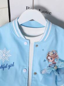 Tween Girls' Casual Cartoon Letter Print Long Sleeve Baseball Jacket, Spring Autumn - Blue - View 5