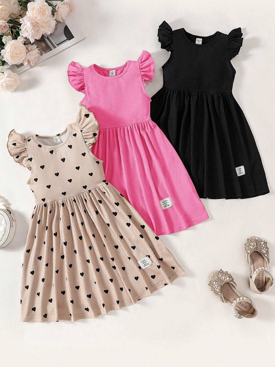 3pcs Set: Young Girl's Solid Color Knit Short Cap Sleeve Sheath Casual Dress Dress Young Girl Girlsdresses For Young Girl Girl - Hot Pink - View 1