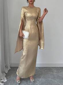 Elenzga 女士奢华晚礼服，金色圆领长袖开衩连衣裙，适合新年、派对、宴会、女士服装 - 金色 - 查看 3