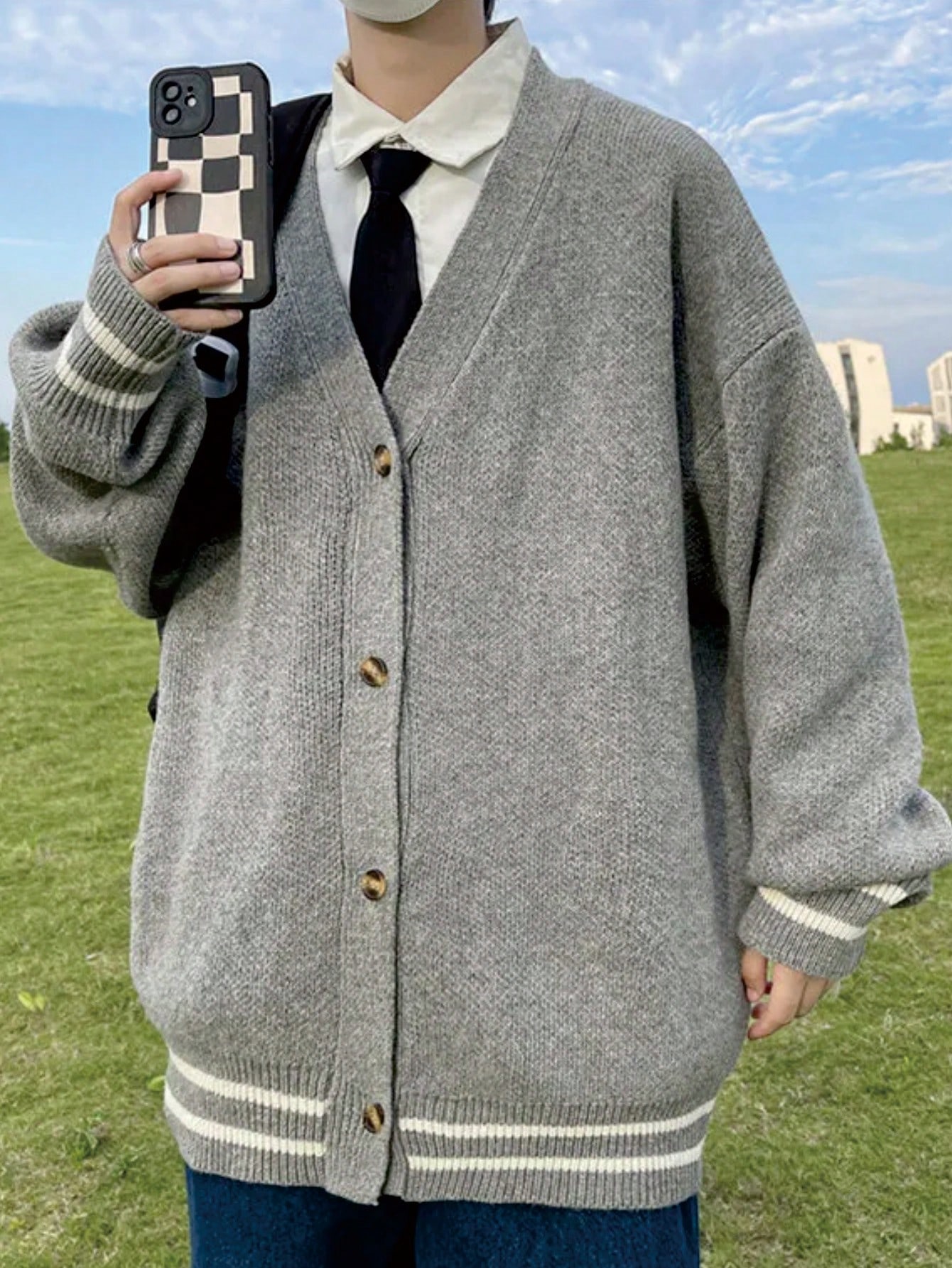 Men's V-Neck Front Button Striped Print Long Sleeve Cardigan