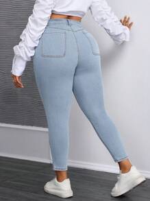 SHEIN SXY Quần Jeans Denim Màu Trơn Đơn Giản Mặc Hàng Ngày Cho Nữ Cỡ Lớn - Rửa nhẹ - Xem 2