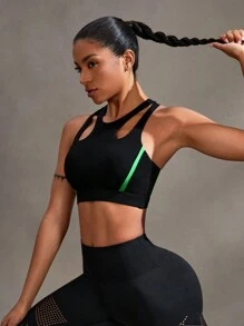 SHEIN Sports Women's Hollow Slim Fit Casual Sports Bra - Black - View 7