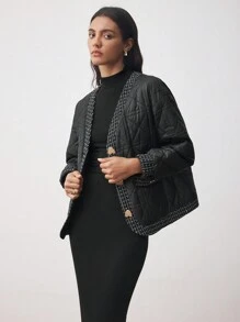 BizChic Abrigo acolchado sobretallado de pana negra, uso casual elegante para mujer, apropiado para vacaciones, Acción de Gracias, Año Nuevo - Negro - Ver 3
