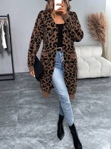 EMERY ROSE Women's Long Sleeve Casual Leopard Print Long Cardigan Sweater, Autumn & Winter,Long Sleeve Tops Fall Cloth For Women - Brown - View 6