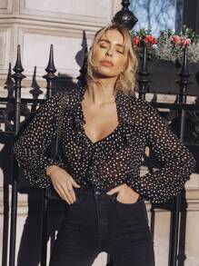 SHEIN Frenchy V-Neck Ruffle Detail Sheer Chiffon Bodysuit Party Black Summer - Black - View 1