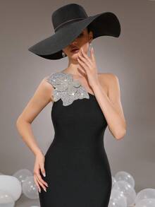 Modphy Nuevo estilo de vestido formal largo de sirena, ajustado, sin espalda, con decoración de flor de strass, para mujer - Negro - Ver 6