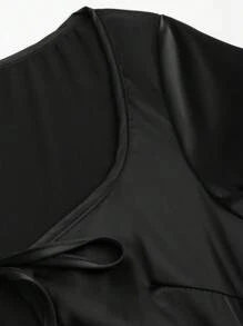 SHEIN Unity Solid Color Satin Long Sleeve Front Tie Fitted Dress, Casual Daily Fall Cloth For Women - Black - View 5