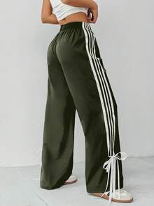 SHEIN PETITE Pantaloni alla caviglia con laccetti e righe a contrasto per donna - Verde Oliva - Visualizzare 2